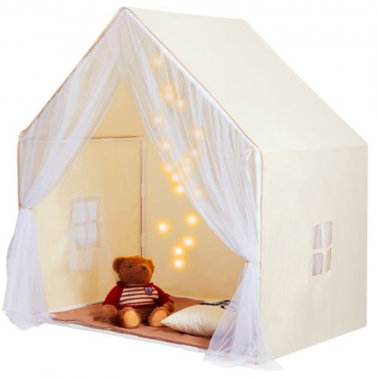 Beige Kids Yurt Tent, Indoor Outdoor Play Tent with Windows and Lamp